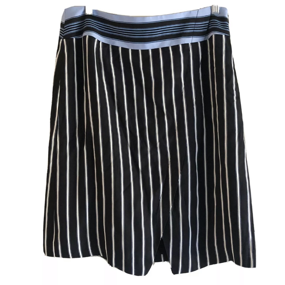 Loft Asymmetric Skirt Blue Waist Black Striped Knee High Size 8 Slit Front NWT